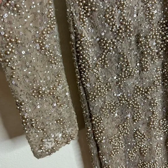 Mac duggal long sleeve sequin beaded sheath gown in mocha style 5177 size 6 - Picture 7 of 16